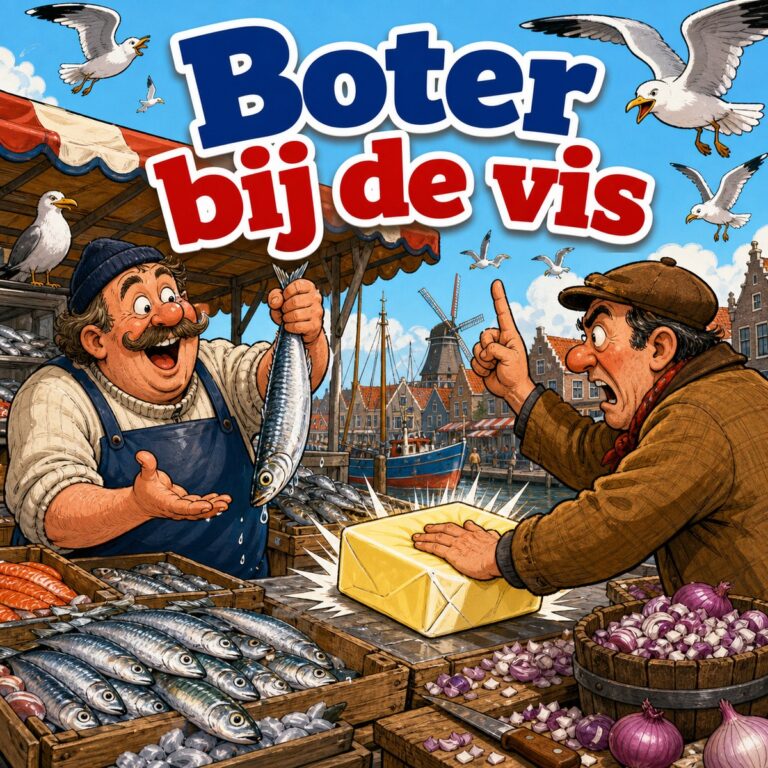 Cartoon van een visboer met een haring op de markt terwijl een klant een pak roomboter neerlegt, met de tekst Boter bij de vis