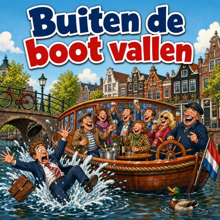 Cartoon van een man in pak die naast een rondvaartboot in een Amsterdamse gracht valt, met de tekst Buiten de boot vallen