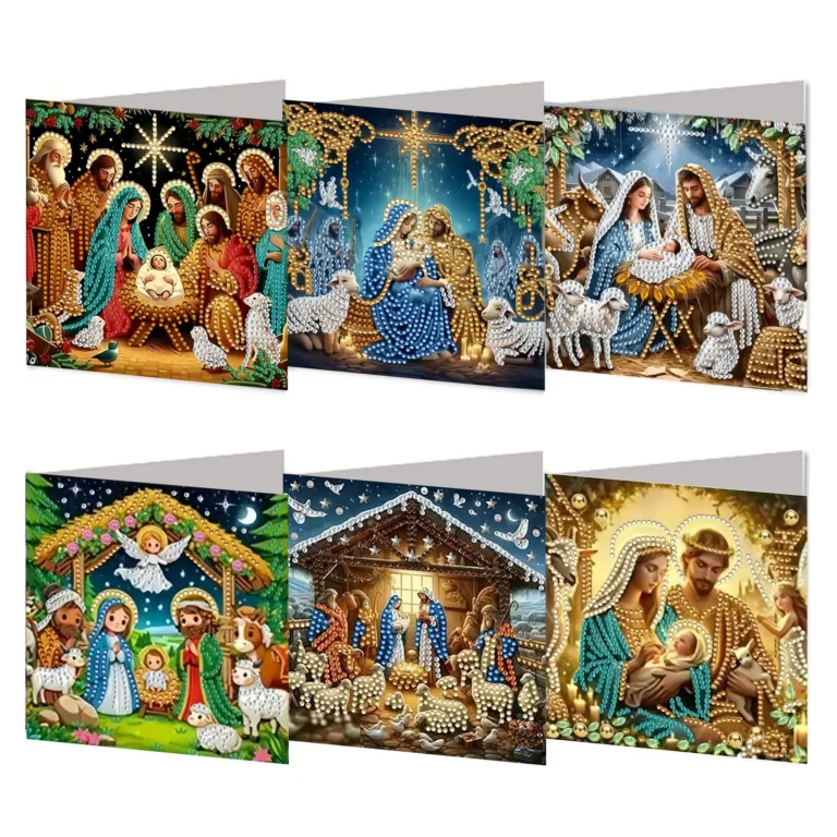 Zes diamond painting kerstkaarten met engelen en kerststal