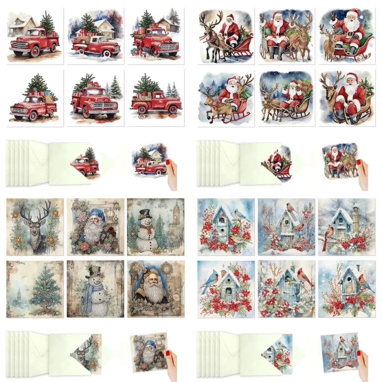 Zes diamond painting kerstkaarten met verschillende feestelijke ontwerpen