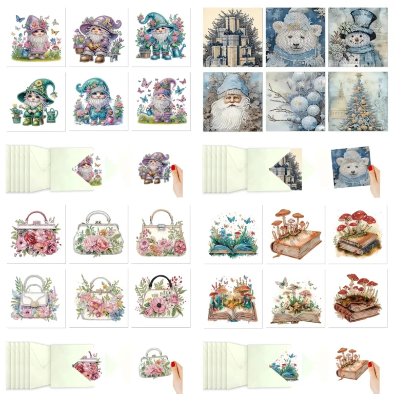 Zes diamond painting kerstkaarten met sneeuwpoppen en kabouters