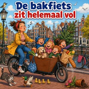 Cartoon van een moeder op een bakfiets met vier kinderen, een hond, boodschappen en een kerstboom erin, met de tekst De bakfiets zit helemaal vol