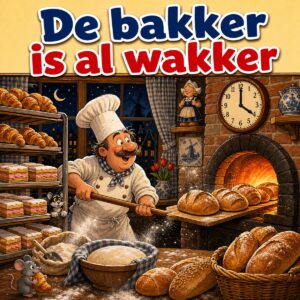 Cartoon van een bakker die midden in de nacht broden in de houtoven schuift terwijl de klok vier uur aanwijst, met de tekst De bakker is al wakker