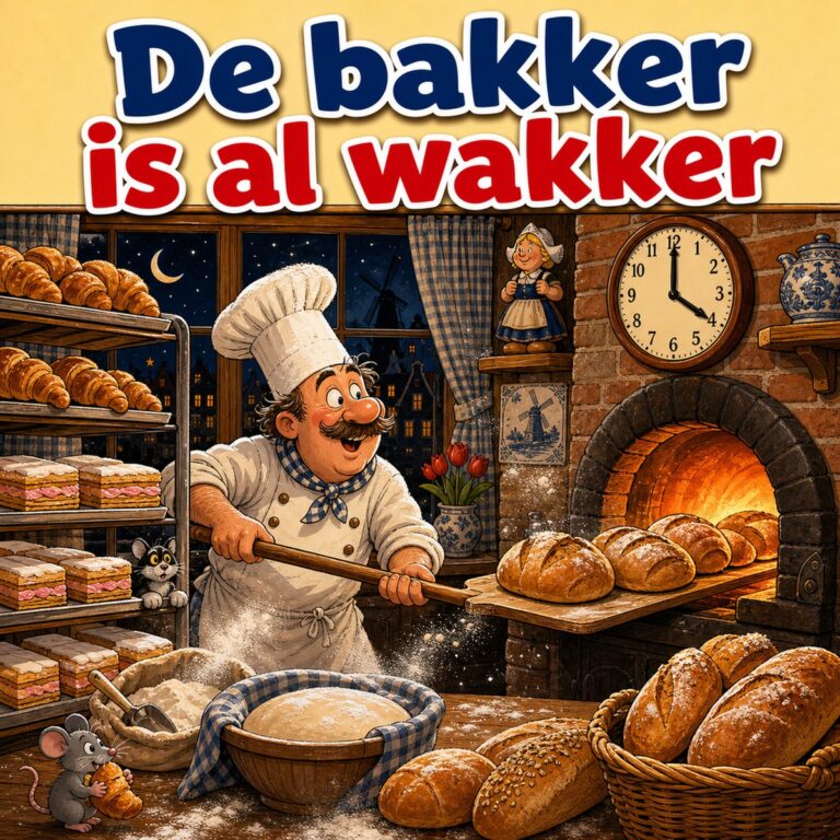 Cartoon van een bakker die midden in de nacht broden in de houtoven schuift terwijl de klok vier uur aanwijst, met de tekst De bakker is al wakker
