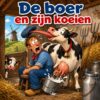 Cartoon van een boer die een koe melkt terwijl die koe zijn pet van zijn hoofd likt, met de tekst De boer en zijn koeien