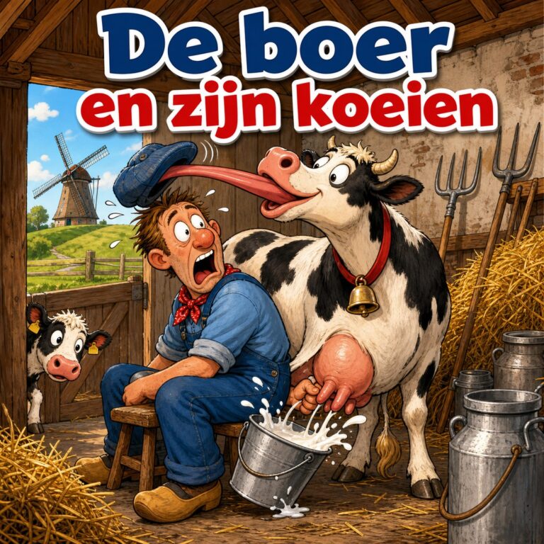 Cartoon van een boer die een koe melkt terwijl die koe zijn pet van zijn hoofd likt, met de tekst De boer en zijn koeien
