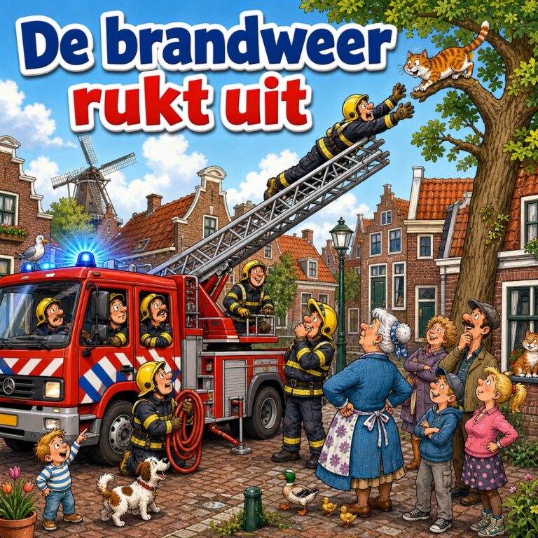 Cartoon van de brandweer met ladderwagen die een kat uit een boom probeert te halen terwijl buurtbewoners toekijken, met de tekst De brandweer rukt uit