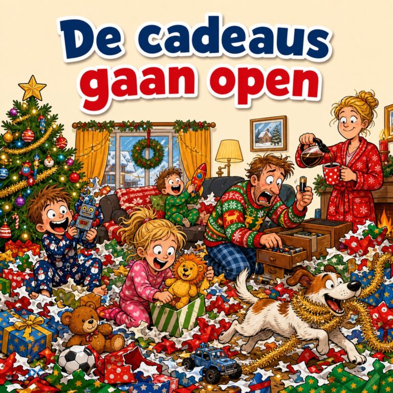 Cartoon van kerstochtend waarbij kinderen in pyjama cadeaus openscheuren en de hond met een slinger wegrent, met de tekst De cadeaus gaan open
