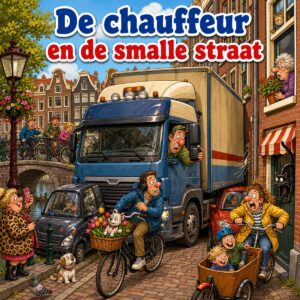 Cartoon van een vrachtwagen die klem zit in een smalle Amsterdamse grachtenstraat terwijl fietsers zich erlangs wurmen, met de tekst De chauffeur en de smalle straat