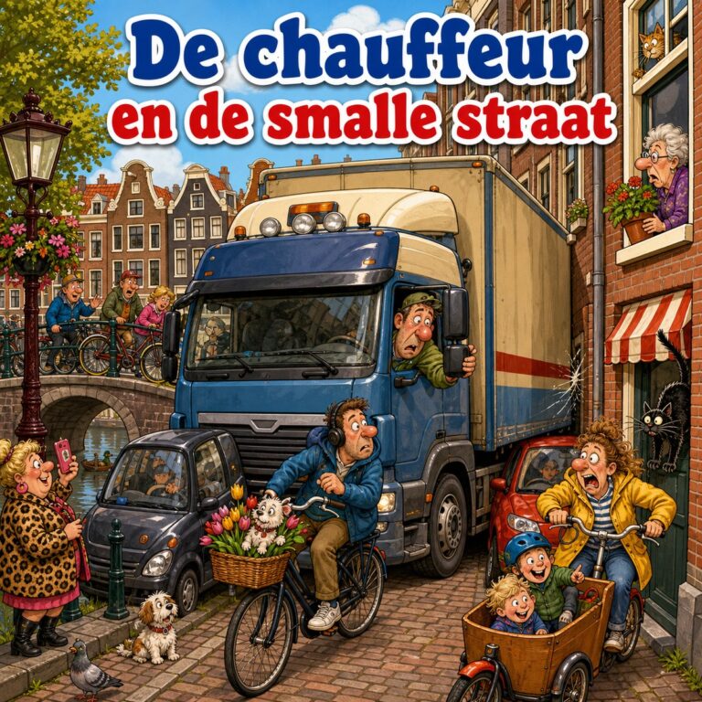 Cartoon van een vrachtwagen die klem zit in een smalle Amsterdamse grachtenstraat terwijl fietsers zich erlangs wurmen, met de tekst De chauffeur en de smalle straat