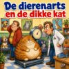 Cartoon van een enorme dikke kat op de weegschaal bij de dierenarts terwijl het baasje schuldig wegkijkt, met de tekst De dierenarts en de dikke kat