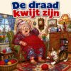 Cartoon van een oma die verstrikt zit in een enorme kluwen rode wol terwijl de kat met het uiteinde speelt, met de tekst De draad kwijt zijn