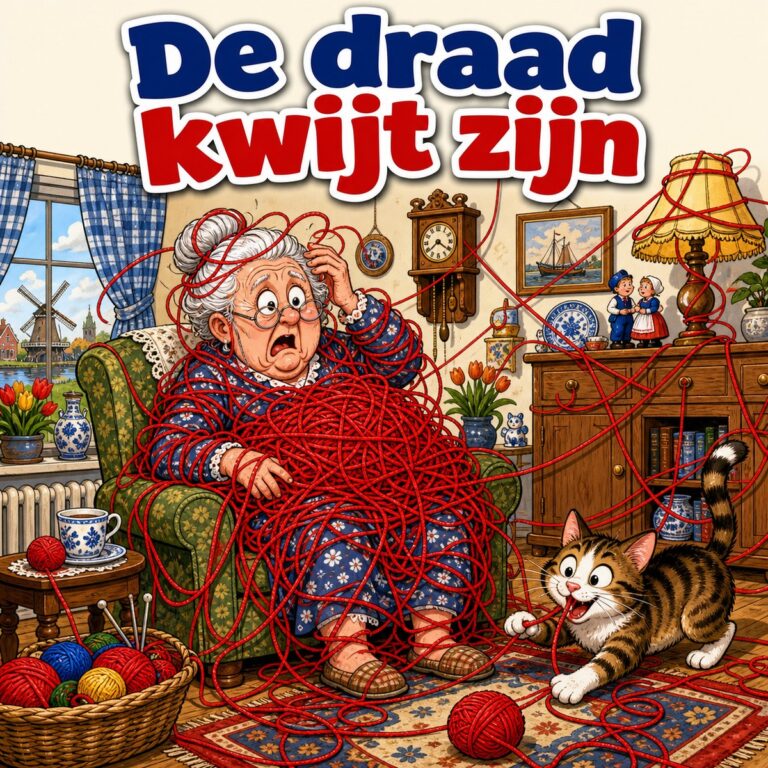 Cartoon van een oma die verstrikt zit in een enorme kluwen rode wol terwijl de kat met het uiteinde speelt, met de tekst De draad kwijt zijn
