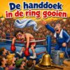 Cartoon van een coach die een handdoek de boksring in gooit terwijl zijn bokser in de touwen hangt, met de tekst De handdoek in de ring gooien