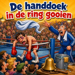 Cartoon van een coach die een handdoek de boksring in gooit terwijl zijn bokser in de touwen hangt, met de tekst De handdoek in de ring gooien