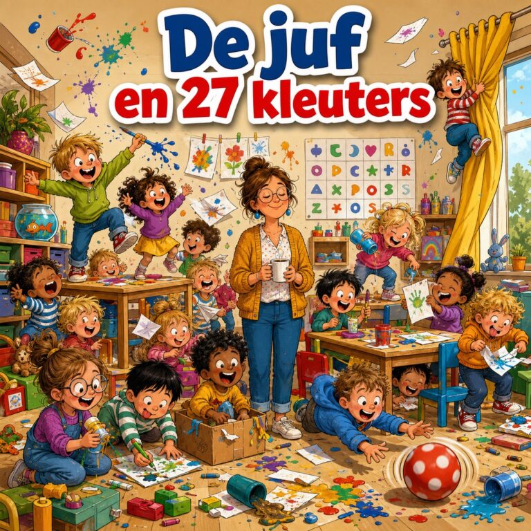 Cartoon van een kleuterklas in vrolijke chaos met een juf die er rustig bij staat met een kop koffie, met de tekst De juf en 27 kleuters