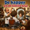 Cartoon van een kapper die de laatste krul legt in een enorme permanent terwijl de klant geschrokken in de spiegel kijkt, met de tekst De kapper en de laatste krul