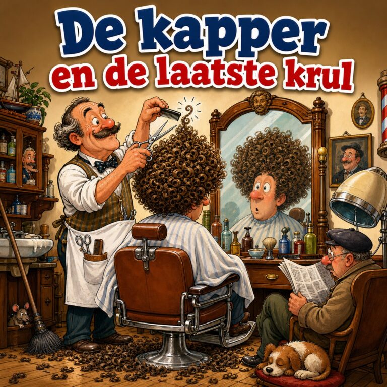 Cartoon van een kapper die de laatste krul legt in een enorme permanent terwijl de klant geschrokken in de spiegel kijkt, met de tekst De kapper en de laatste krul