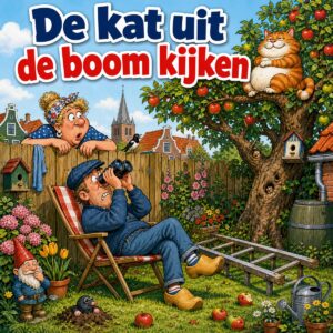 Cartoon van een man met verrekijker in een tuinstoel die naar een dikke kat in een appelboom kijkt, met de tekst De kat uit de boom kijken