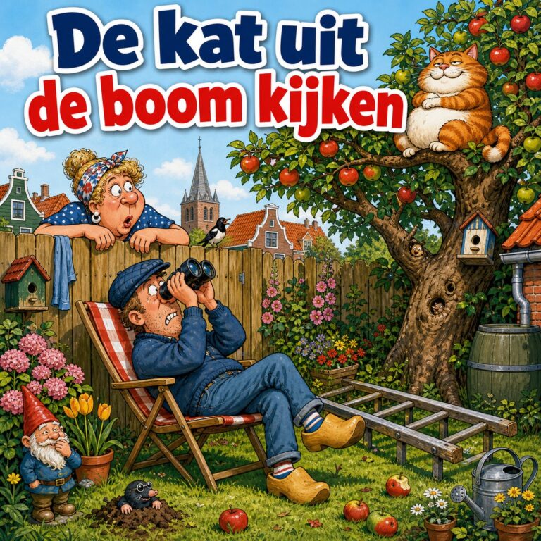 Cartoon van een man met verrekijker in een tuinstoel die naar een dikke kat in een appelboom kijkt, met de tekst De kat uit de boom kijken
