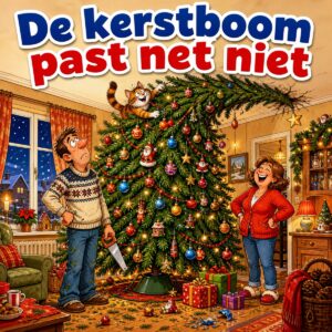 Cartoon van een te grote kerstboom waarvan de piek krom tegen het plafond staat, met de tekst De kerstboom past net niet