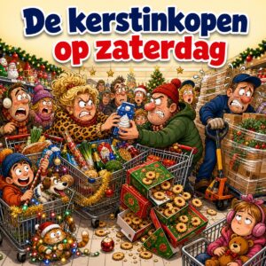 Cartoon van een propvolle supermarkt voor kerst waarin twee mensen naar het laatste pak slagroom grijpen, met de tekst De kerstinkopen op zaterdag