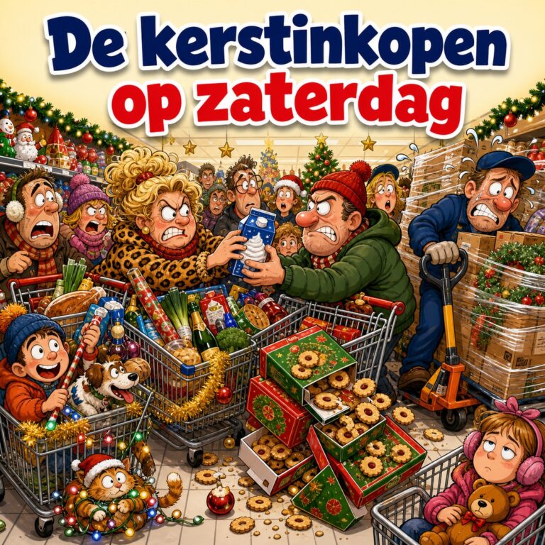 Cartoon van een propvolle supermarkt voor kerst waarin twee mensen naar het laatste pak slagroom grijpen, met de tekst De kerstinkopen op zaterdag