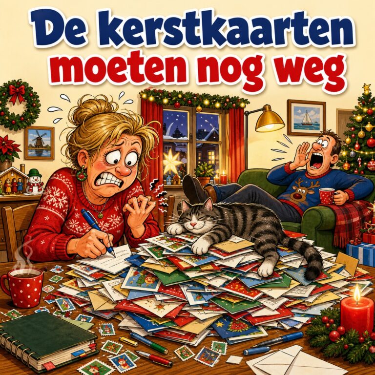 Cartoon van een vrouw met kramp in haar hand bij een enorme stapel kerstkaarten terwijl de kat erop gaat liggen, met de tekst De kerstkaarten moeten nog weg