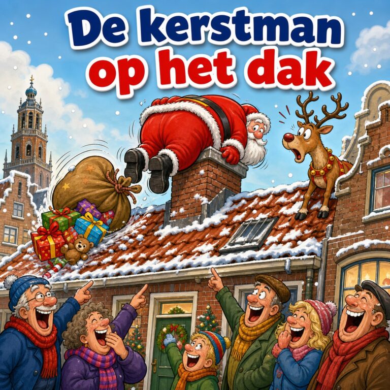Cartoon van een kerstman die klem zit in de schoorsteen van een besneeuwd rijtjeshuis terwijl de buurt toekijkt, met de tekst De kerstman op het dak