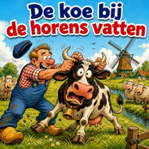 Cartoon van een boer in overall die een verbaasde koe bij de horens grijpt in een weiland met molen, met de tekst De koe bij de horens vatten