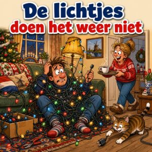 Cartoon van een man verstrikt in een kluwen kerstverlichting die half brandt, met de tekst De lichtjes doen het weer niet