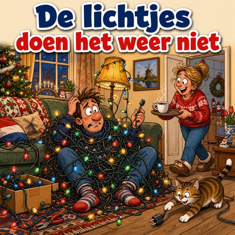 Cartoon van een man verstrikt in een kluwen kerstverlichting die half brandt, met de tekst De lichtjes doen het weer niet