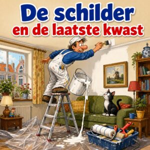 Cartoon van een schilder op een trapje die het laatste stukje muur afwerkt terwijl de verfemmer begint te kantelen, met de tekst De schilder en de laatste kwast
