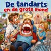 Cartoon van een tandarts die met een spiegeltje in een wagenwijd open mond met enorme tanden kijkt, met de tekst De tandarts en de grote mond