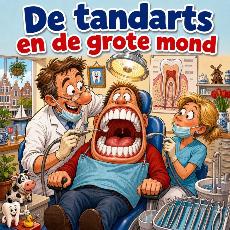 Cartoon van een tandarts die met een spiegeltje in een wagenwijd open mond met enorme tanden kijkt, met de tekst De tandarts en de grote mond