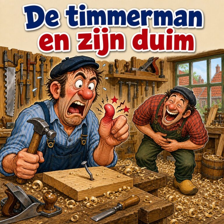 Cartoon van een timmerman die naar zijn geraakte duim kijkt terwijl zijn collega dubbel ligt van het lachen, met de tekst De timmerman en zijn duim