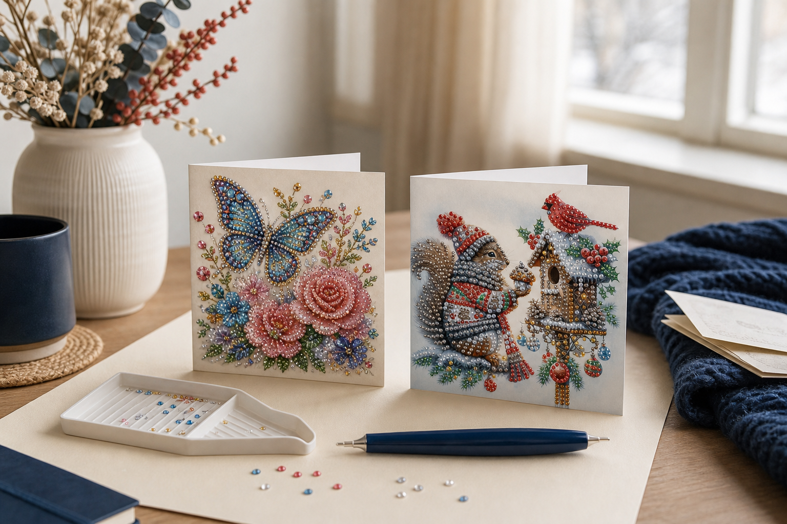 Twee afgewerkte diamond painting wenskaarten op een rustige hobbytafel, met pen en schudbakje ernaast