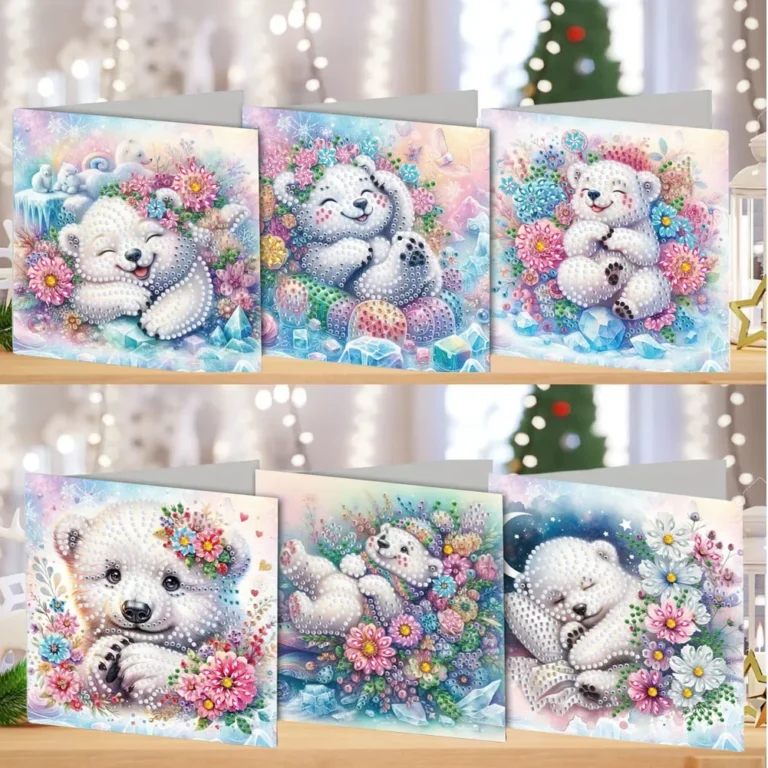 Zes diamond painting wenskaarten met ijsbeertjes tussen bloemen, met steentjes die het motief vormen