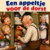 Cartoon van een opa die stiekem een appel in een spaarpot stopt terwijl twee kinderen om de hoek gluren, met de tekst Een appeltje voor de dorst