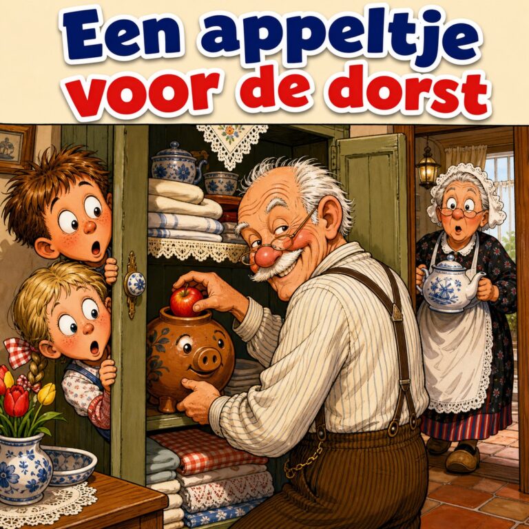 Cartoon van een opa die stiekem een appel in een spaarpot stopt terwijl twee kinderen om de hoek gluren, met de tekst Een appeltje voor de dorst
