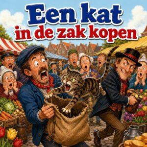 Cartoon van een man op de markt die een jutezak opent waar een blazende kat uitspringt, met de tekst Een kat in de zak kopen