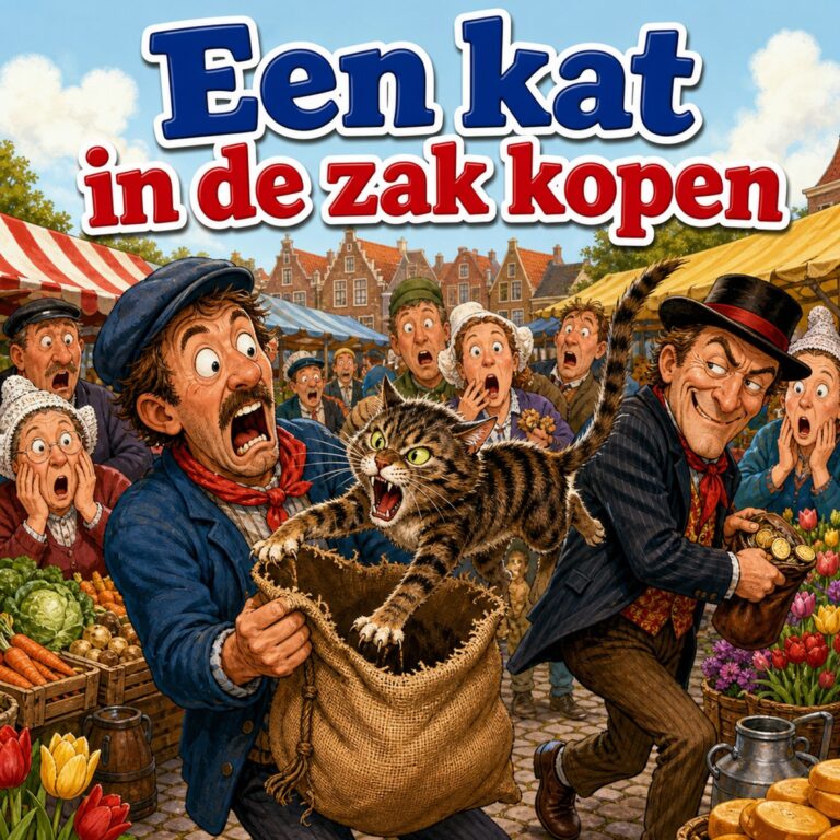 Cartoon van een man op de markt die een jutezak opent waar een blazende kat uitspringt, met de tekst Een kat in de zak kopen