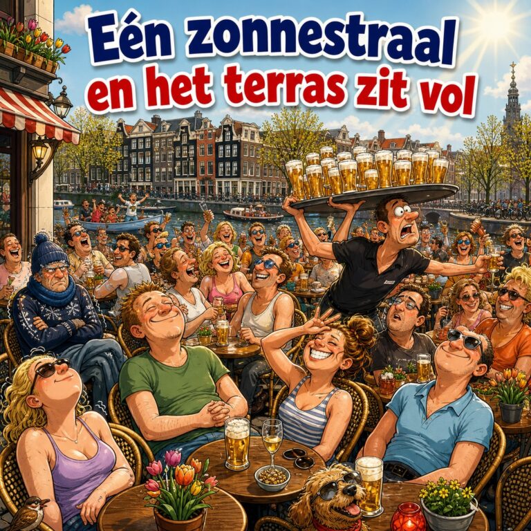 Cartoon van een vol Amsterdams grachtenterras bij het eerste lentezonnetje met bleke armen in korte mouwen, met de tekst Een zonnestraal en het terras zit vol