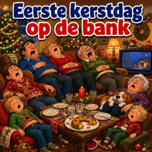 Cartoon van een familie die na het kerstdiner uitgeteld op de bank ligt te slapen met de televisie aan, met de tekst Eerste kerstdag op de bank
