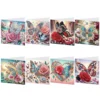 Acht diamond painting wenskaarten met bloemen en vlinders
