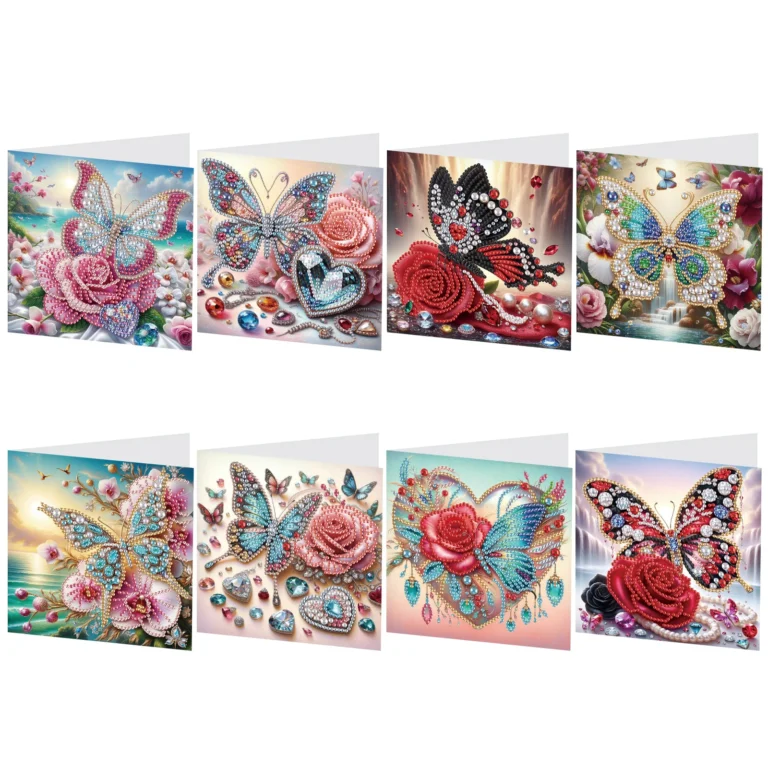 Acht diamond painting wenskaarten met bloemen en vlinders