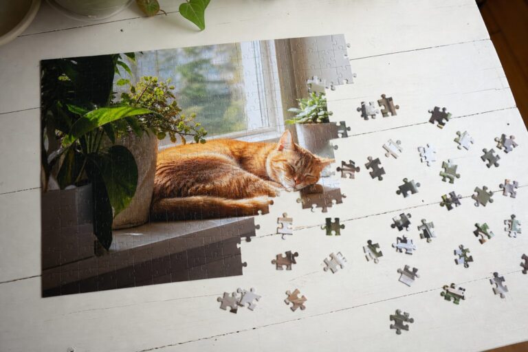 Half gelegde fotopuzzel van een rode kat op een zonnige vensterbank