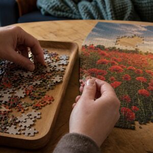 Handen die puzzelstukjes sorteren in een houten bakje naast een fotopuzzel van klaprozen