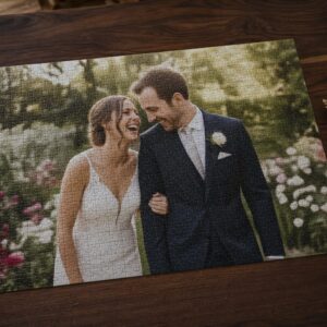 Afgemaakte fotopuzzel van een trouwfoto op een donkere walnoten tafel