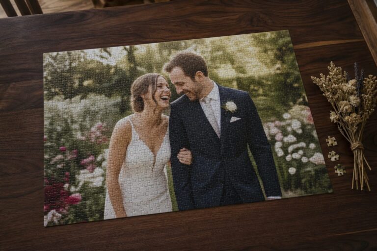 Afgemaakte fotopuzzel van een trouwfoto op een donkere walnoten tafel
